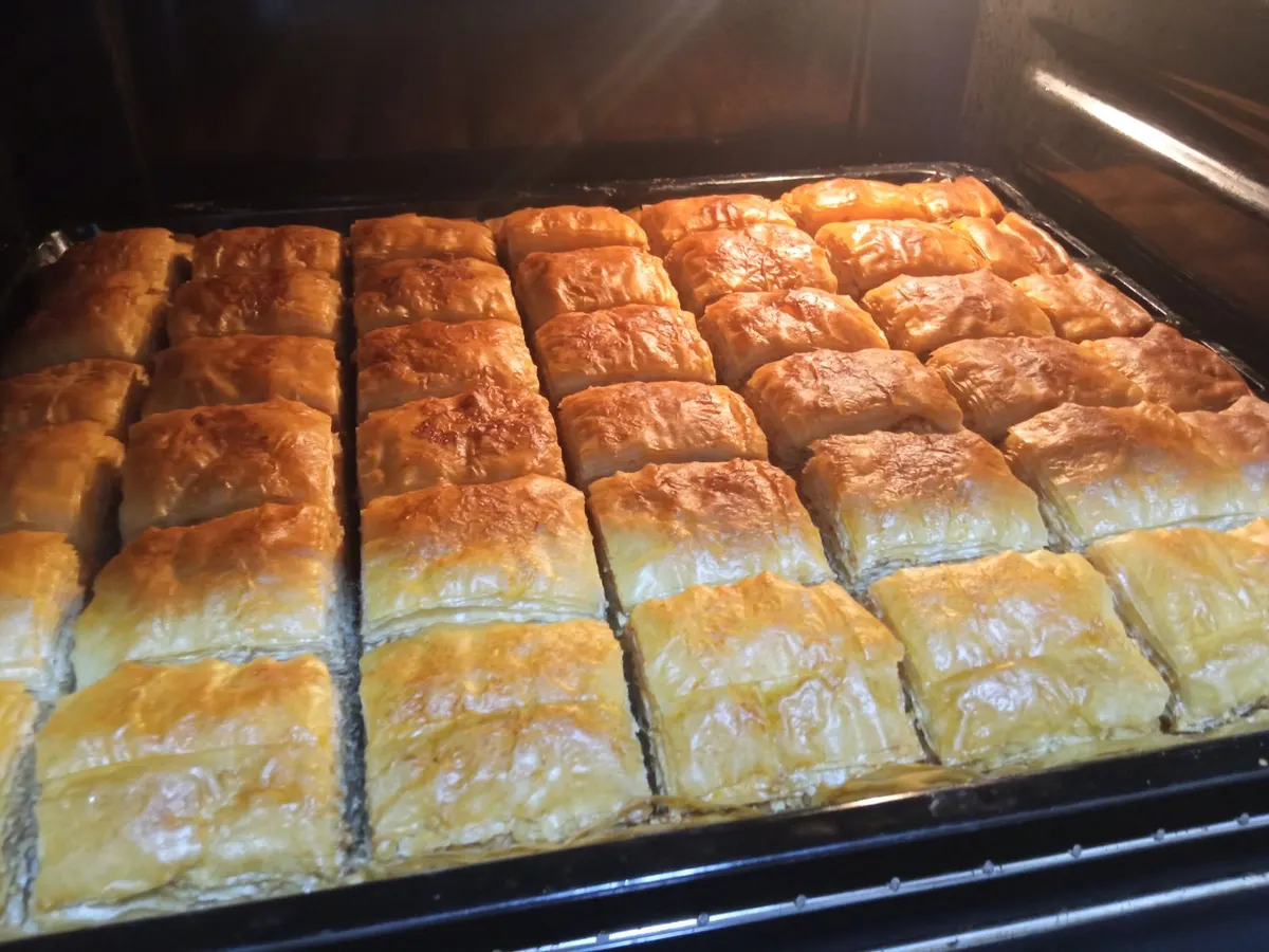 Bosnian baklava fresh from the oven, golden phyllo layers