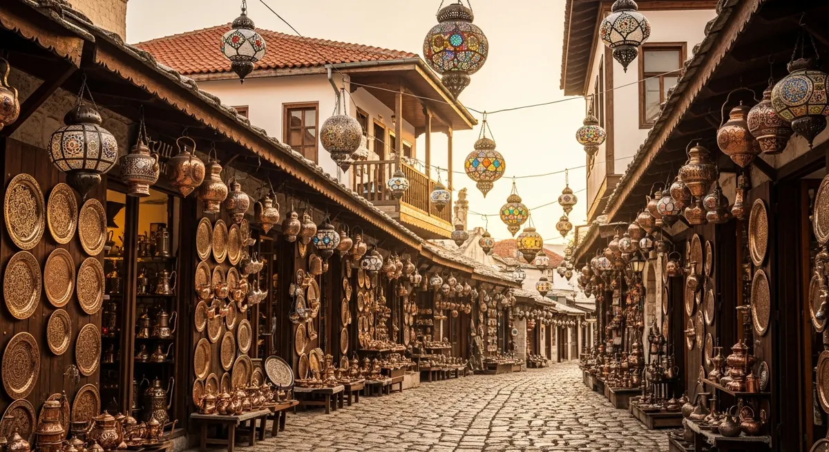 Kujundžiluk bazaar cobblestone street with copper shops in Mostar