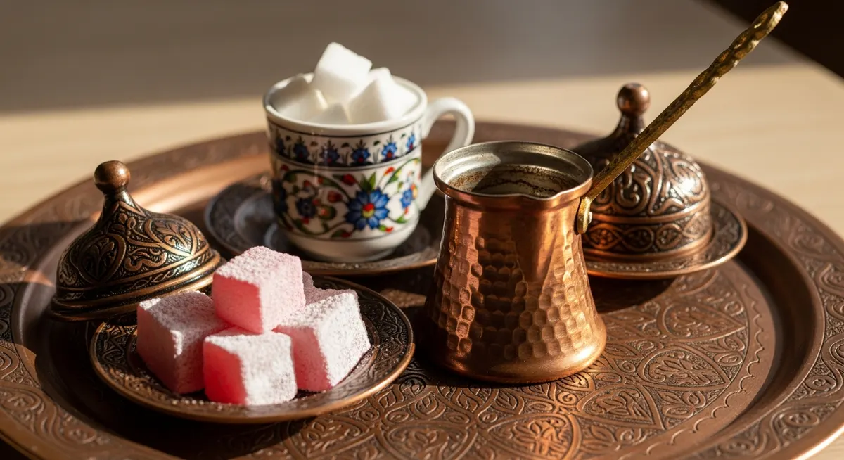 Traditional Bosnian coffee set with copper džezva and fildžan