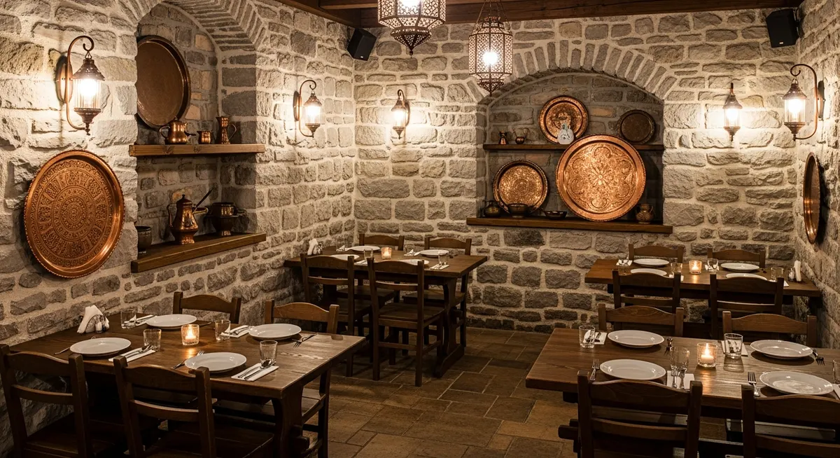 Traditional Bosnian restaurant interior with stone walls and warm lighting