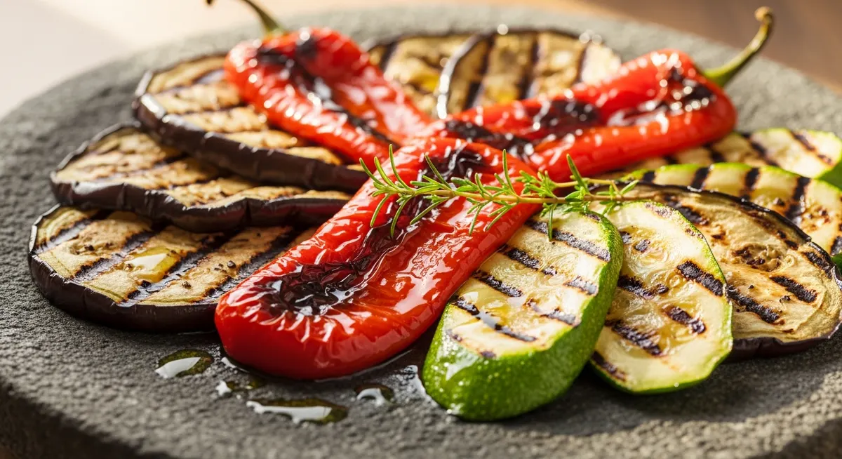 Grilled Mediterranean vegetables on a rustic stone plate