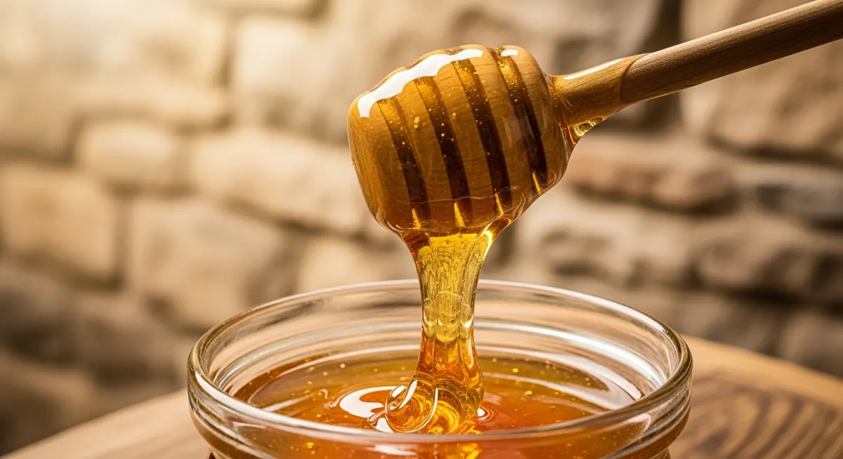 Golden honey drizzled from a wooden dipper