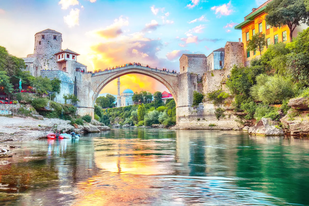 View of Mostar Old Town and Stari Most at sunset