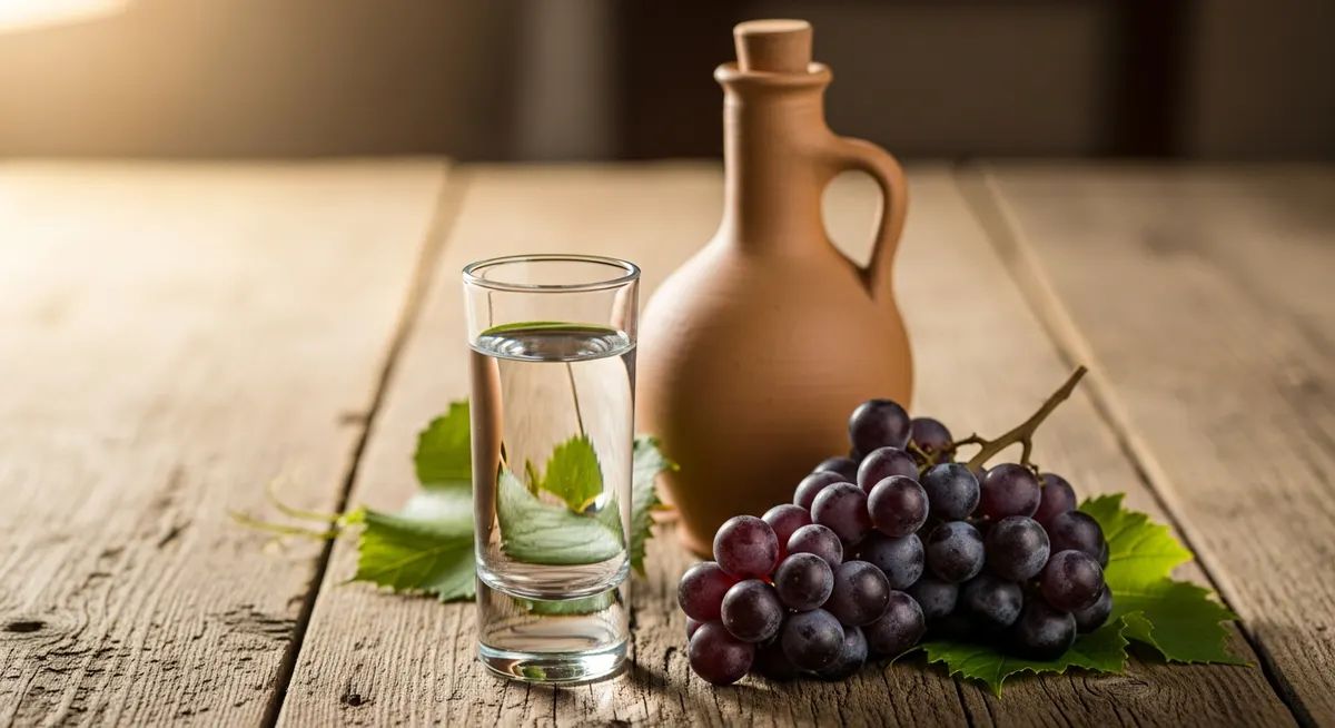Glass of clear rakija beside grape clusters on a rustic table