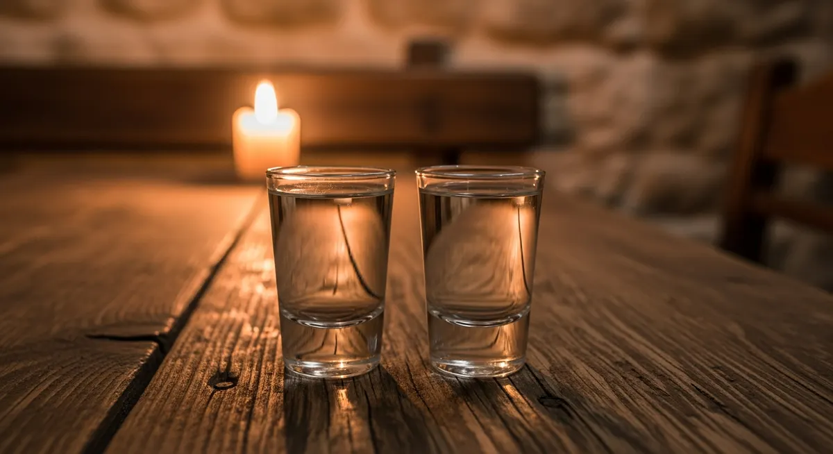 Two small glasses of rakija on a weathered oak table