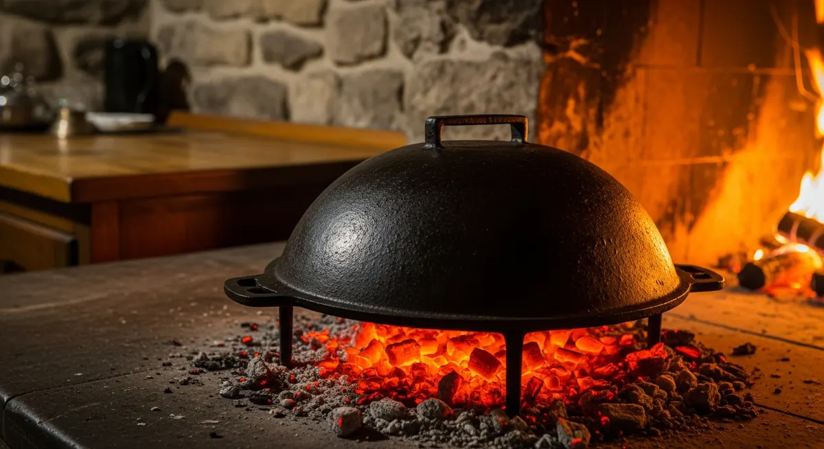 Traditional sač iron bell covered in glowing embers