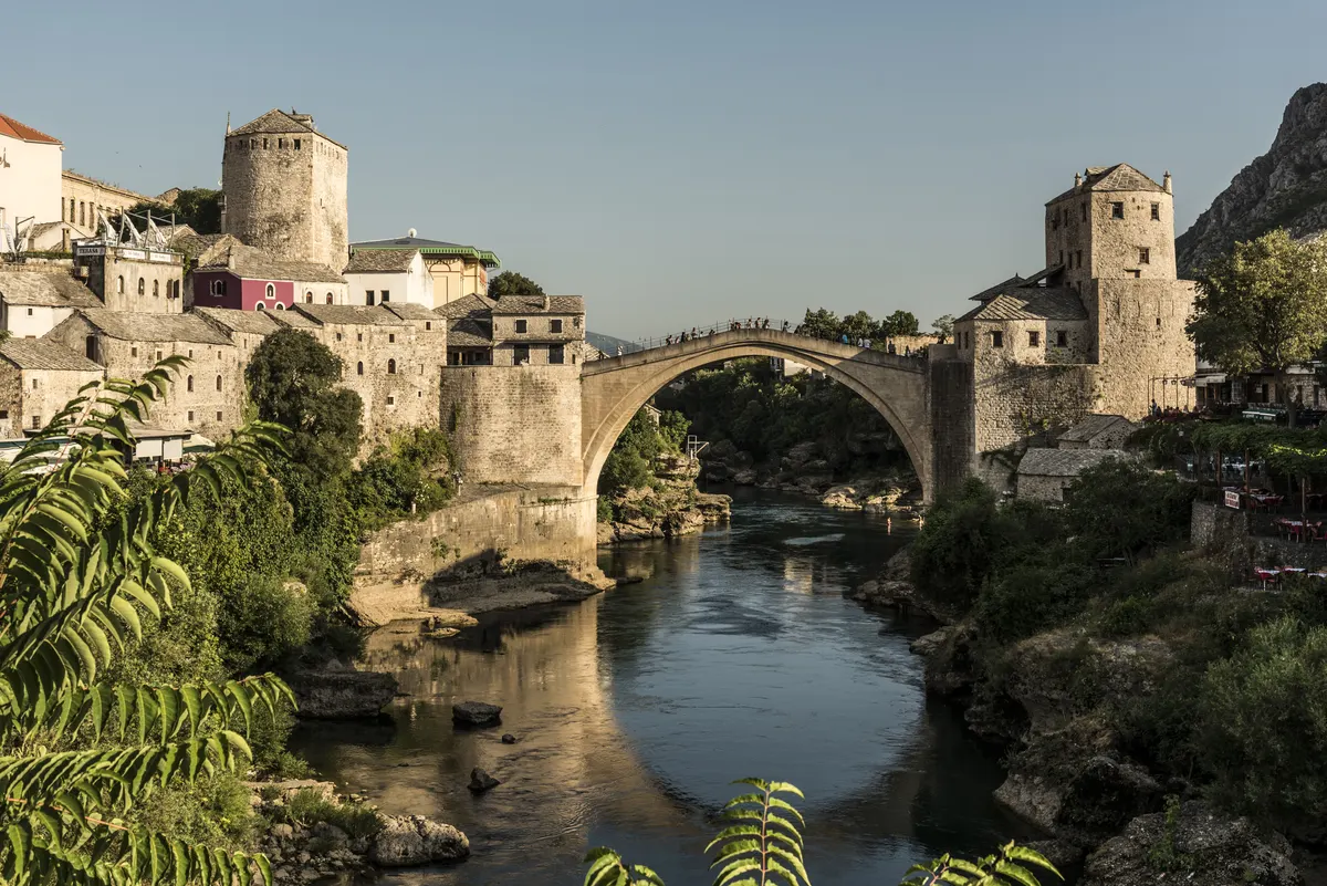 Stari Most bridge spanning the turquoise Neretva River in Mostar