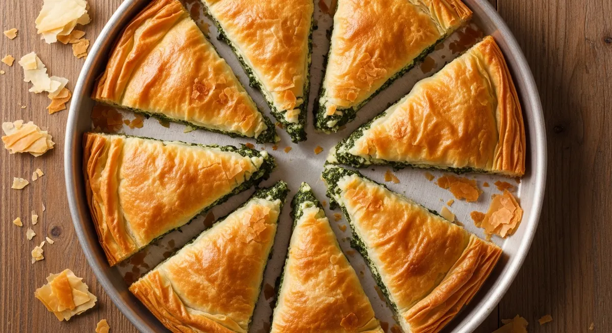 Golden baked zeljanica spinach pie with flaky phyllo layers