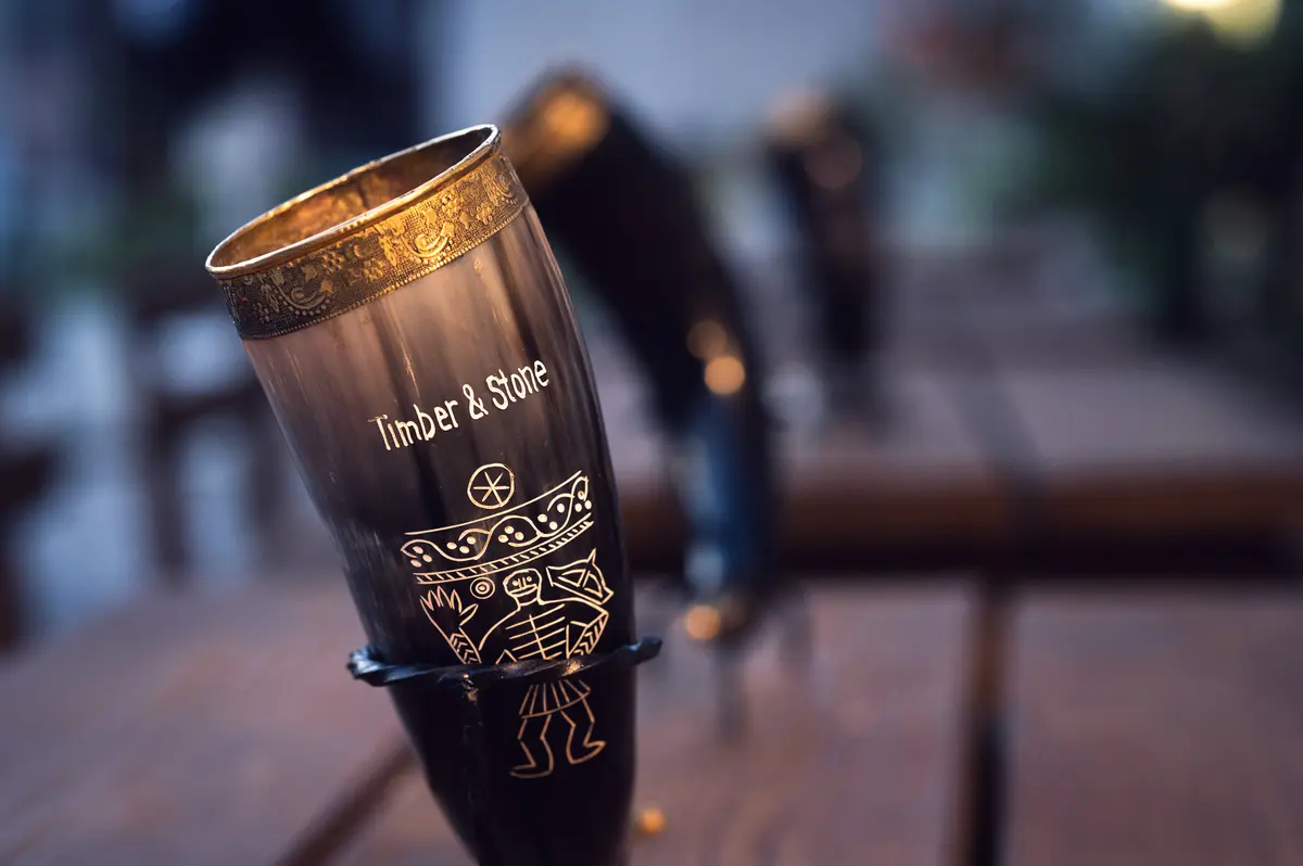 Timber & Stone branded drinking horn with medieval Bosnian engravings